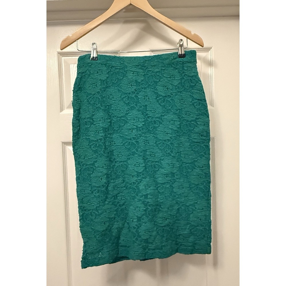 Maeve Pencil Skirt Women Small Teal Green Floral Lace Overlay High Waist Lined